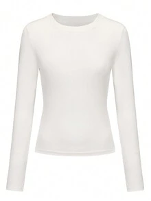 Schlank geschnittenes Langarm Oberteil Damen, bequemes und dehnbares Unterhemd für die Crew - Weiss - Übersicht 3
