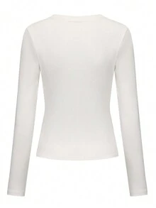 Schlank geschnittenes Langarm Oberteil Damen, bequemes und dehnbares Unterhemd für die Crew - Weiss - Übersicht 2