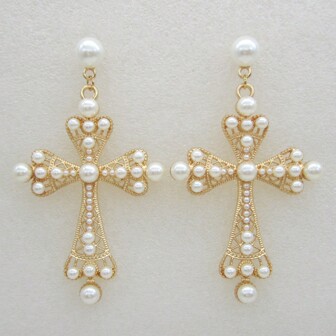 1pair Bohemian Pearl & Hollow Metal Cross Pendant Earrings