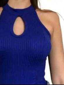 High Neck Ribbed Drop Neck Tank Top - azul real - Ver 2