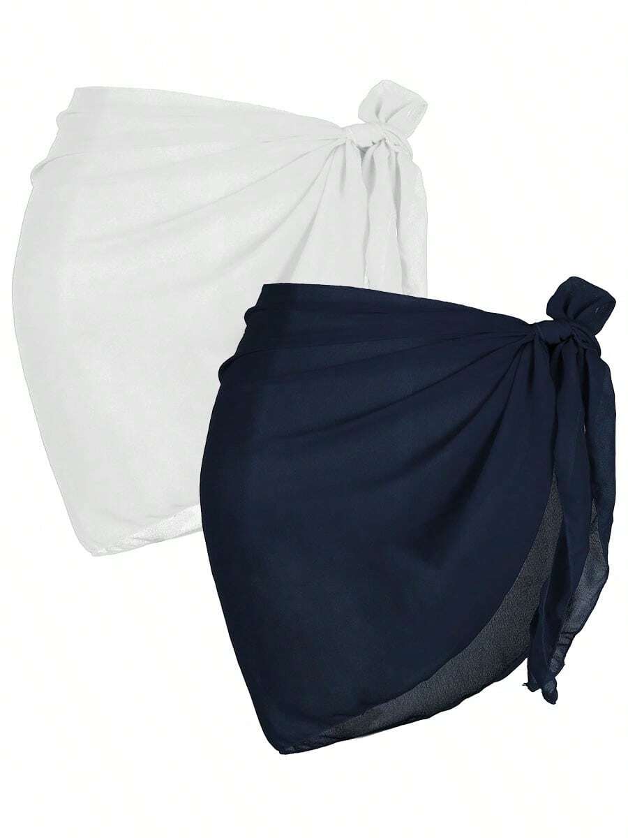 2 Pcs Swimsuit Coverups For Women Sarong Beach Wrap Sheer Short Skirt Chiffon Scarf Coverup For Swimwear Bathing Suit - 海軍藍+白色 - 查看 1