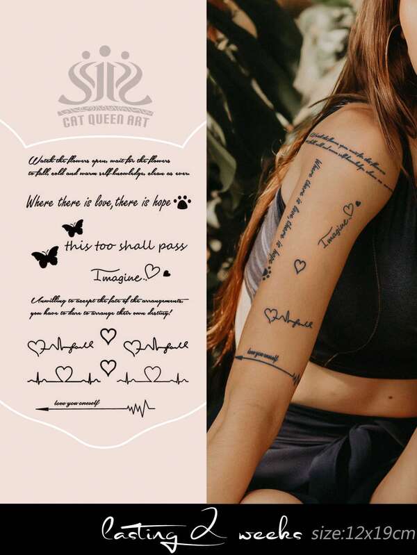 Temporary Tattoo Stickers, Line Art Inspirational Words, Butterfly, Heartbeat, Y2K Patterns, 1-2 Weeks Waterproof, Suitable For Fingers, Ears, Shoulders, Collarbones, Natural Plant Ingredients, Suitable For Y2K Music Festivals, Valentine's Day, Carnival, DIY Party Gifts