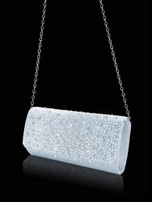 迷人、精致、奢华的女士水钻装饰晚装手拿包，低调优雅的链条单肩包和手提包，配有水钻耳环和项链、手链，适合派对女孩、女士、新娘，非常适合派对、婚礼、舞会、晚宴/宴会。最佳新年和情人节礼品套装。奢华晚装手拿包套装，迷人的女士礼品套装 - 銀色 - 查看 4