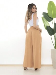 Loose Wide Leg Pantalona Pants Viscolycra Mesh Wide Waistband High Waist Pleats - Krem - View 2