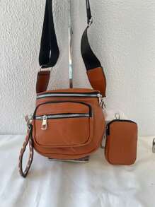 Women's Bag Kit With A Coin Purse Crossbody Bag Large Stylish Modern Blogger With Wide Strap In Pure Black - Brown - View 4