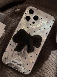 1pc Silver Luxury Chiffon Polka Dot Black Bow + Black Bow Holder Shockproof Hard Case Compatible With Apple Phones