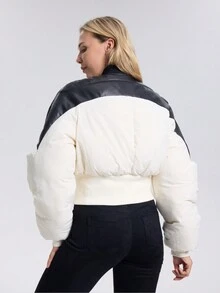 OUTTA BOX Áo khoác ấm dày chất liệu da PU màu tương phản có tay áo Exaggeration của nhà thiết kế - Đen và trắng - Xem 4