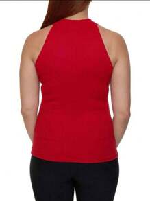 High Neck Ribbed Drop Neck Tank Top - Red - View 2