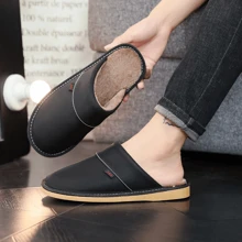 Spring To Summer Luxury Extra Large Size Men's Slippers, Faux Leather PU, Elegant Winter Plus Size Slippers - Black - View 2