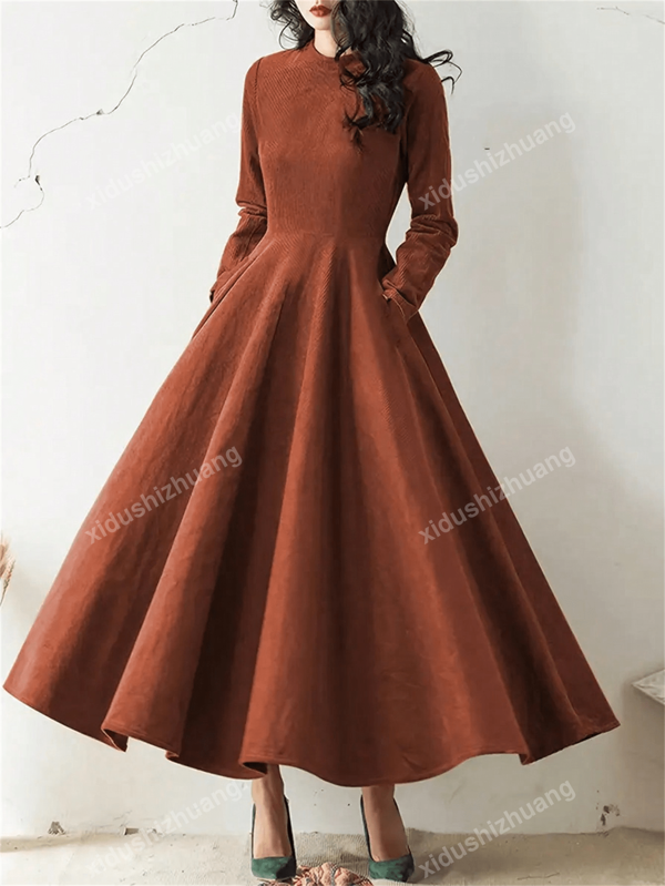 Robe femme à manches longues élégante à ourlet en forme de parapluie, printemps et automne