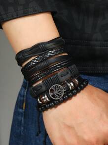 Set de 6 brazaletes trenzados con cuentas y diseño de árbol de la vida de PU vintage para hombre, adecuado para uso diario