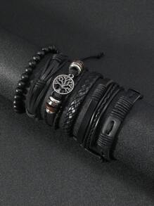 Set de 6 brazaletes trenzados con cuentas y diseño de árbol de la vida de PU vintage para hombre, adecuado para uso diario