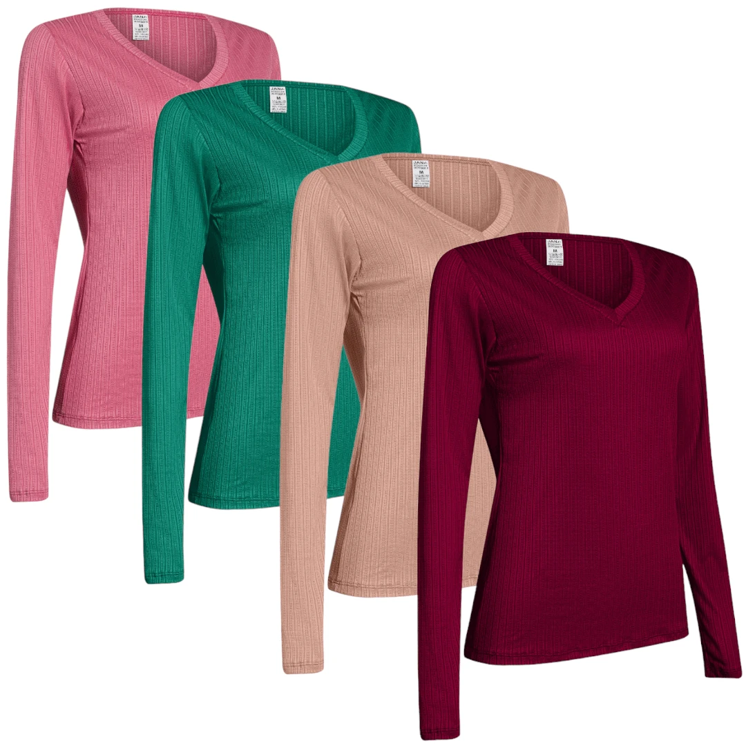 Kit 4 Long Sleeve Ribbed Women's Second Skin Tops With Elastane - Hoa hồng, xanh lá cây, màu be và rượu vang - Xem 1