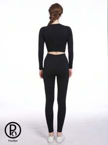 PASSBYE Seamless Workout Outfits For Women 2 Piece Ribbed Long Sleeve Crop Top Tummy Control Leggings Sets - 黑色 - 查看 2