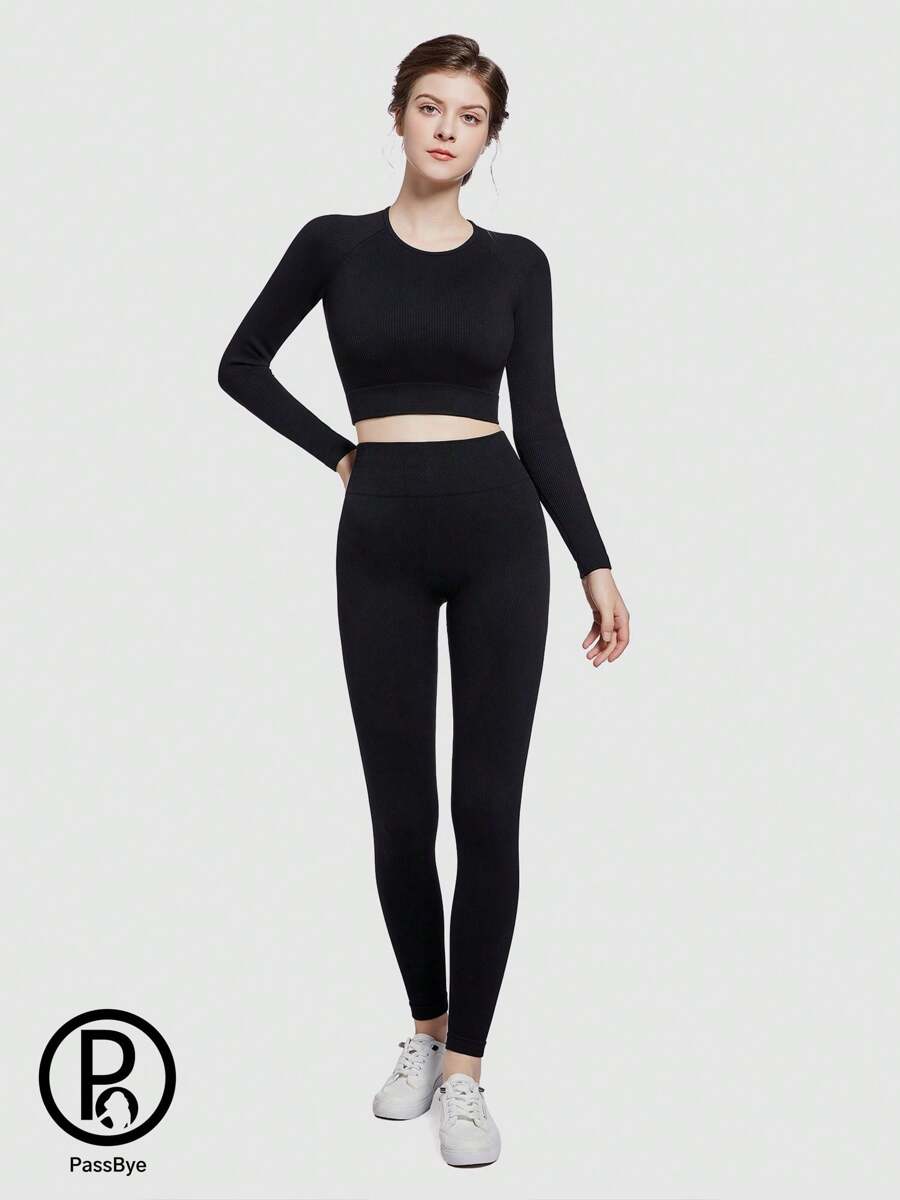 PASSBYE Seamless Workout Outfits For Women 2 Piece Ribbed Long Sleeve Crop Top Tummy Control Leggings Sets - 黑色 - 查看 1