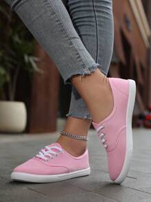 Giày đế bệt bằng vải màu trơn dành cho nữ, Giày mũi tròn thoáng khí & chống trượt có dây buộc cổ điển cổ điển, Giày thể thao thoải mái, Giày ngoài trời - Hồng - Xem 3