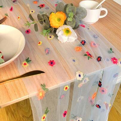 1pc/2pcs Pastoral Style Colorful Embroidered Flower Tablecloth, Colorful Small Flower Hand Embroidery Craft Table Gauze Decoration, Used For Outdoor Wedding Decoration, Party Event Decoration, TV Cabinet Decoration, Dining Table Home Decoration, Bouquet Packaging, Home Supplies,