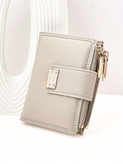 MINGYOU 女士短款按扣钱包 PU 皮革软皮纹理多功能时尚休闲卡包拉链简约学生零钱包方便时尚钱包女士小钱包钱包小钱包