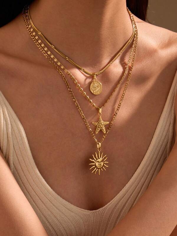3 pièces Ensemble de colliers pendentifs en acier inoxydable jaune doré, stylisé et simple, étoile de mer, rose, visage de soleil, convient pour un port quotidien ou comme cadeau