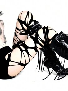 Collants filet style punk gothique à fines bretelles, design de chauve-souris ajouré, collants sexy, collants noirs style punk gothique déchirés, collants noirs sexy de style Y2K pour femmes, pour la photographie, la boîte de nuit, Noël