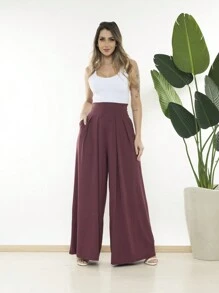 Loose Wide Leg Pantalona Pants Viscolycra Mesh Wide Waistband High Waist Pleats - Burgundy - View 3