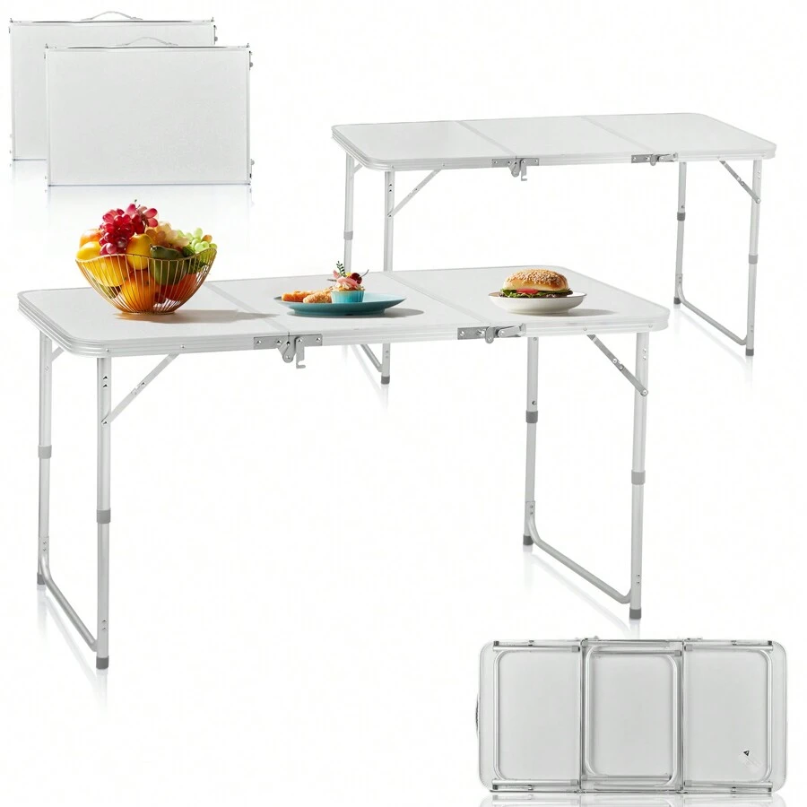 4ft Camping Folding Table, Aluminum Portable Picnic Table With Adjustable Height, 3 Fold Lightweight Outdoor Table For Indoor Travel Beach And Party