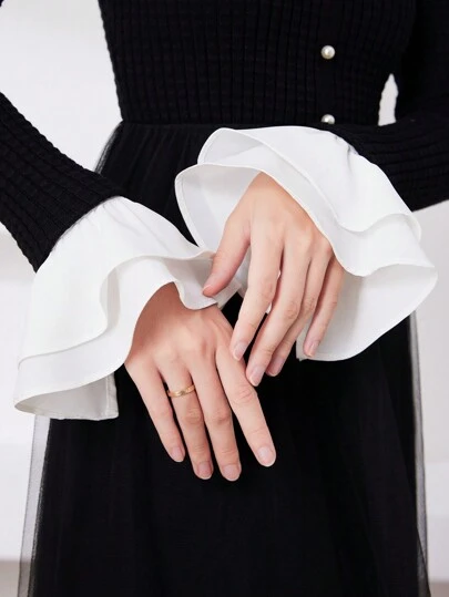 1 Pair Women's White Button Decor Pleated Cuff Collar, Fresh Collegiate Style, Suitable For All Seasons