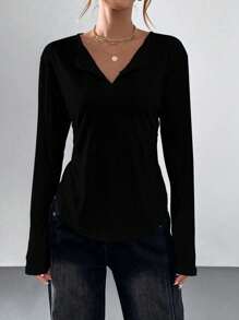 Áo thun tay dài dáng rộng thoải mái phong cách đơn giản có viền hình vòng cung dành cho nữ - màu đen - Xem 1