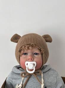 1 Peça Boné de Bebê Fofo de Urso, Touca de Tricô Quente com Laço na Parte Superior, Primavera e Outono, para Recém-Nascidos Meninos e Meninas