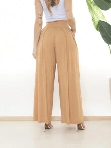 Loose Wide Leg Pantalona Pants Viscolycra Mesh Wide Waistband High Waist Pleats - Krem - View 6