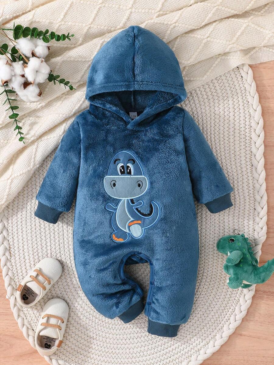 男婴羊毛冬季连体衣，带恐龙刺绣连帽设计，温暖舒适 - 藏蓝色 - 查看 1