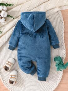 男婴羊毛冬季连体衣，带恐龙刺绣连帽设计，温暖舒适 - 藏蓝色 - 查看 2