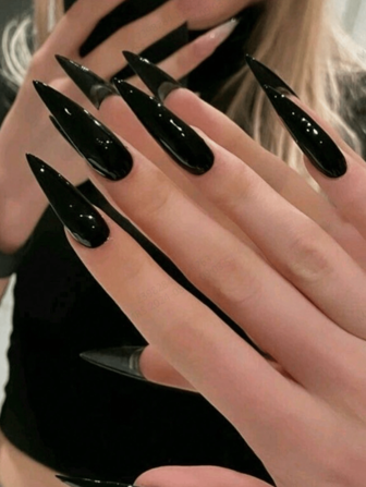 Set de 24 piezas de uñas postizas estilo stiletto francés moderno clásico de color negro sólido con cobertura total, cambio de uñas con gel de gelatina y lima de uñas, adecuado para fiestas, bailes y uso diario uñas falsas uña falsa uña acrílica