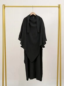 2pcs Women Plain Single Layer Headscarf + Pleated Long Robe, Suitable For Daily Prayer - Multicolor - View 7