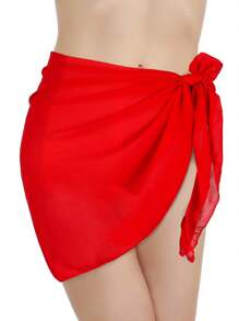 2 Pcs Swimsuit Coverups For Women Sarong Beach Wrap Sheer Short Skirt Chiffon Scarf Coverup For Swimwear Bathing Suit - 紅+白 - 查看 4