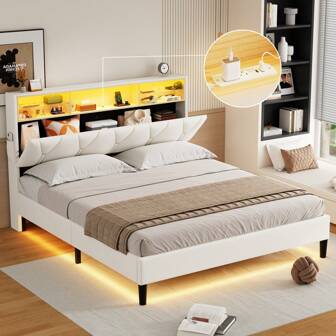 Queen Size Bed Frame With Storage Headboard, Upholstered Platform Bed With LED Lights And Charging Station, White