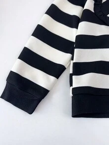 Young Girl's 2pcs Simple Stripe Shirt With Large Lapel Collar And Solid Pleated Skirt Set, Spring/Fall - Black and White - View 4