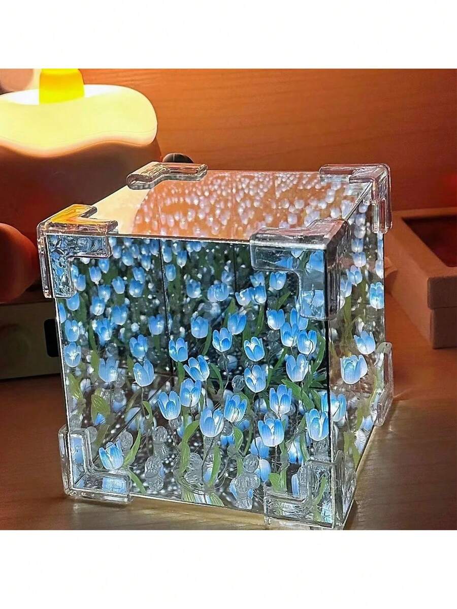 21 Diy Cubo De Rubik Lámpara Noche De Tulipanes Con Espejo,Flor Lámpara de noche de tulipán,noche pequeña tridimensional creativa ,Flor Lámpara de noche de tulipán, lámpara LED de espejo infinito, tulipanes, decoración de producto terminado, luces artificiales,  lámpara de mesita de noche Regalo para novia, niños DIY, regalo de cumpleaños, decoración de la habitación 12*12*12CM - Azul - Ver 1