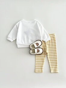 2 件套女婴服装水果刺绣长袖上衣和条纹裤，春秋装 - 黃色 - 查看 6