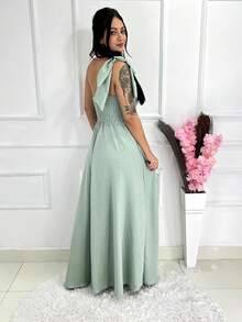 Long Plain Duna Linen Dress With Bow One Shoulder - Mint Green - View 3