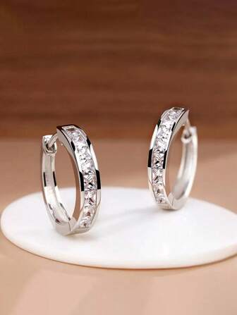 1pair Fashionable Cubic Zirconia Round Hoop Earrings