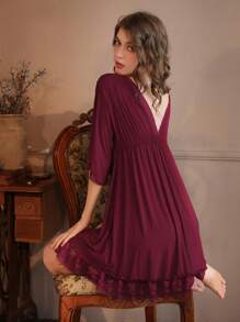 Christmas Red Wine Colored Sexy V-Neck Loose Revealing Shoulder Sleepwear For Young Women, Highly Attractive Value