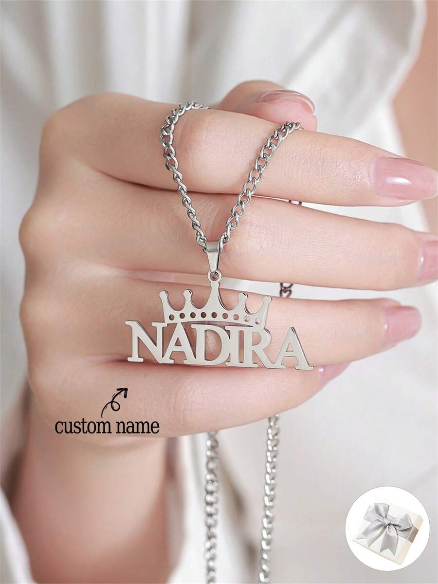1 件带皇冠的定制名字项链，个性化大写字母名字项链带链，皇冠文字名字吊坠礼物，适合他、女朋友生日礼物、圣诞节、情人节 - 銀色 - 查看 1