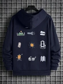 Men's Outdoor Adventure Element Print Drawstring Hoodie Sweatshirt, Back To School, Autumn/Winter - Navy Blue - View 8