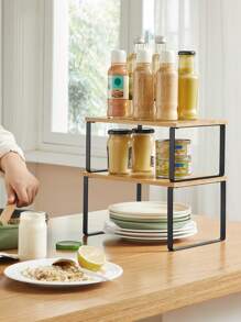 SONGMICS Spice Rack, Set Of 2 Spice Racks, Expandable Counter Organizer, Stackable Spice Holder, Metal And Engineered Wood, Black And Natural MKCS02NB - 杏色 - 查看 7