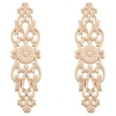 2 pezzi Applique decorative in legno non dipinto, Decalcomanie di intaglio lungo per mobili per armadi, specchi, cassettiere, pareti, armadi, letti