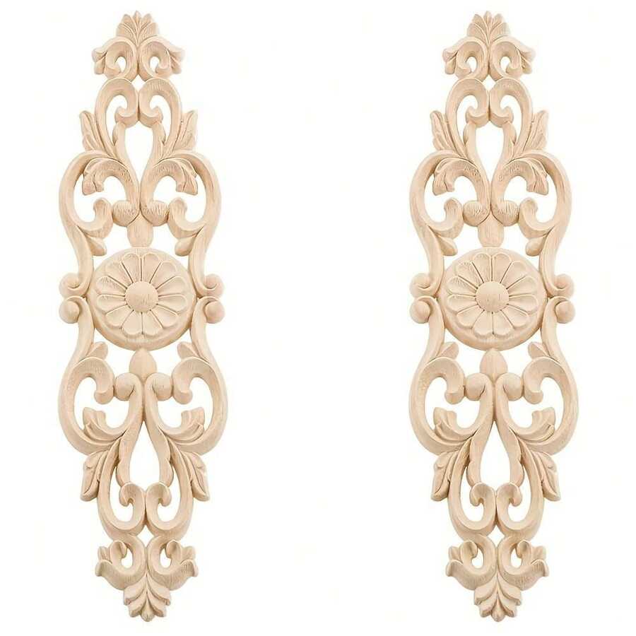 2 pezzi Applique decorative in legno non dipinto, Decalcomanie di intaglio lungo per mobili per armadi, specchi, cassettiere, pareti, armadi, letti - Beige - Visualizzare 1