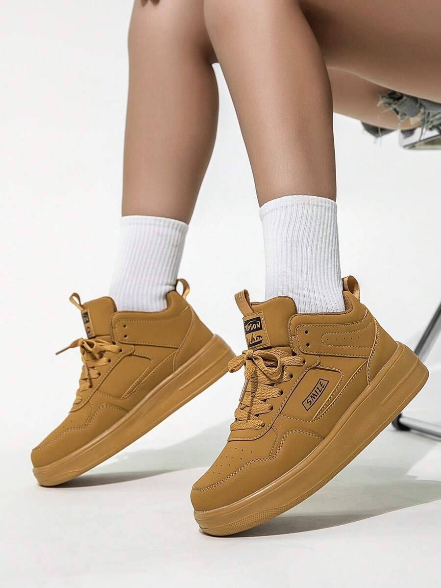 Damen Retro Weizenfarben Buchstaben Grafik High-Top Lässig Sport Sneaker, Modische Outdoor Skateboard Flache Schuhe für Jugendliche und Junge