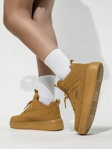 Damen Retro Weizenfarben Buchstaben Grafik High-Top Lässig Sport Sneaker, Modische Outdoor Skateboard Flache Schuhe für Jugendliche und Junge - Weizenfarbe - Übersicht 8