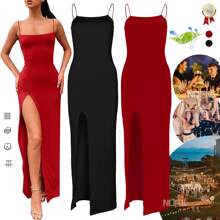 Vestido largo ajustado con abertura en el muslo y espalda descubierta Vestido camisero sin espalda - Rojo - Ver 1